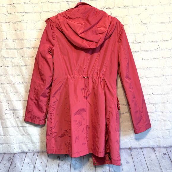Betsey Johnson Pink Raincoat Anorak Jacket Hooded Drawstring Zip Cinched Waist - Picture 6 of 13